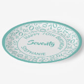 ハッピーバースデー70番目のティール(緑がかった色)/白の番号パターン ペーパープレート (アングル)