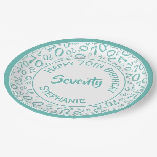 ハッピーバースデー70番目のティール(緑がかった色)/白の番号パターン ペーパープレート (アングル)