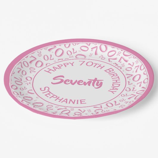 ハッピーバースデー70番目のピンク/白の数字パターン ペーパープレート (アングル)