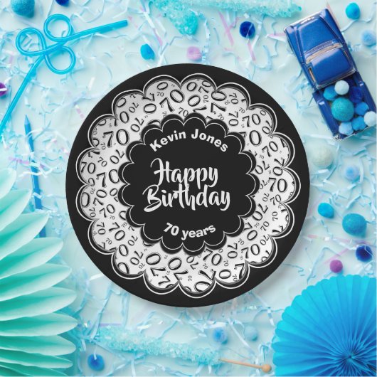 ハッピーバースデー70番目の白と黒の数字 ペーパープレート (パーティー)
