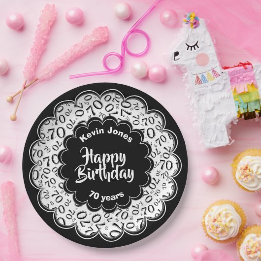 ハッピーバースデー70番目の白と黒の数字 ペーパープレート (パーティー)
