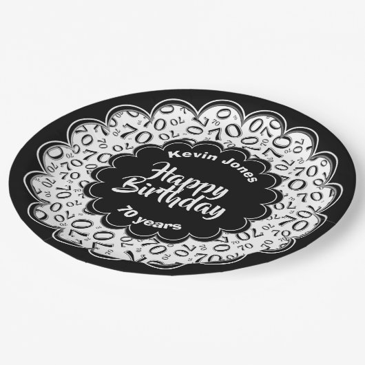 ハッピーバースデー70番目の白と黒の数字 ペーパープレート (アングル)