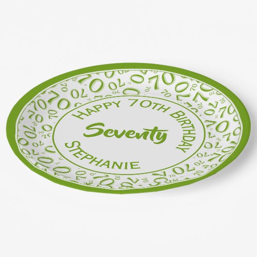 ハッピーバースデー70番目の緑/白の番号パターン ペーパープレート (アングル)