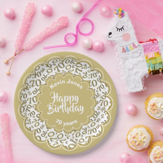 ハッピーバースデー70番目の金ゴールドと白い数字のパターン ペーパープレート (パーティー)