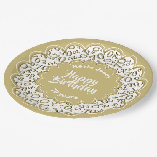 ハッピーバースデー70番目の金ゴールドと白い数字のパターン ペーパープレート (アングル)