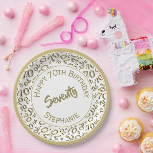 ハッピーバースデー70番目の金ゴールド/白の番号パターン ペーパープレート (パーティー)