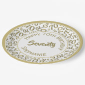 ハッピーバースデー70番目の金ゴールド/白の番号パターン ペーパープレート (アングル)