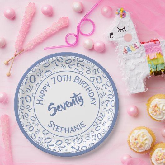 ハッピーバースデー70番目の青/白の番号パターン ペーパープレート (パーティー)