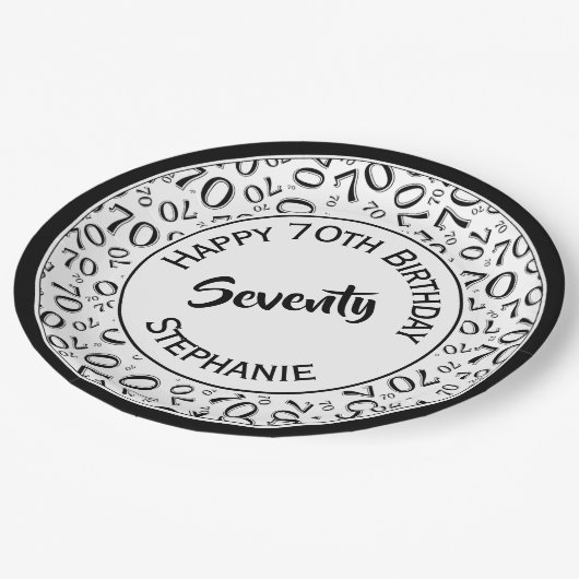 ハッピーバースデー70番目の黒/白の番号パターン ペーパープレート (アングル)
