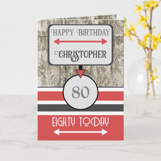 ハッピーバースデー80今日の名前レッドグレー カード (黄色い花)