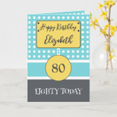 ハッピーバースデー80今日ターコイズグレー水玉模様 カード (黄色い花)
