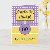ハッピーバースデー80今日パープルイエロー水玉模様 カード (黄色い花)