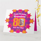 ハッピーバースデー80個のピンクの星おばあちゃんの写真 カード (黄色い花)
