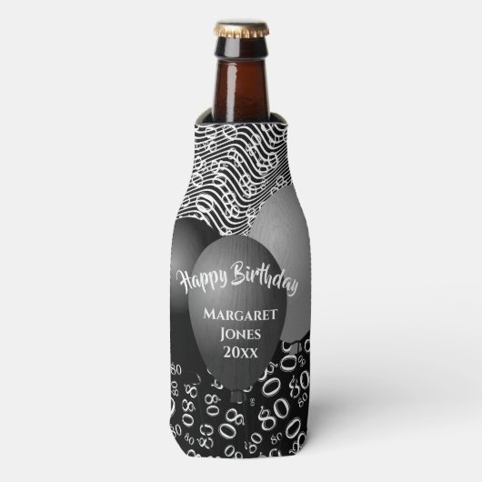ハッピーバースデー80番目の数値パターン白黒 ボトルクーラー (ボトル正面)