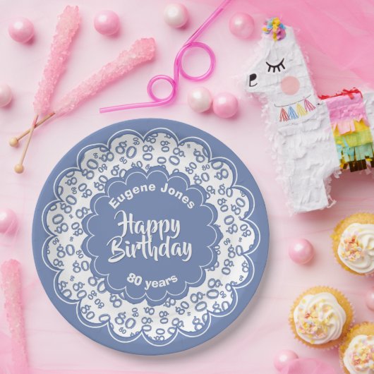 ハッピーバースデー80番目の青と白の数字のパターン ペーパープレート (パーティー)