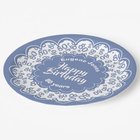 ハッピーバースデー80番目の青と白の数字のパターン ペーパープレート (アングル)