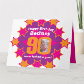 ハッピーバースデー90ピンクスター名前をカスタムすると写真 カード (正面)