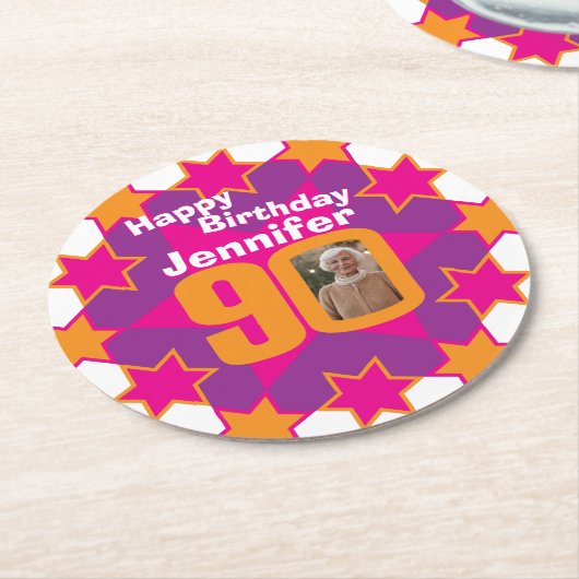 ハッピーバースデー90名とフォト紙コースター ラウンドペーパーコースター (アングル)