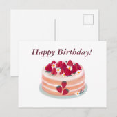 ハッピーバースデー、いちごのフルーツケーキとお花 ポストカード (正面/裏面)
