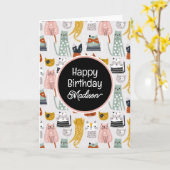 ハッピーバースデー |かわいいドードルの手描き猫 カード (黄色い花)