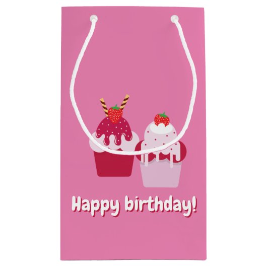 ハッピーバースデー – かわいいピンクのストロベリーショートケーキ スモールペーパーバッグ (裏面)