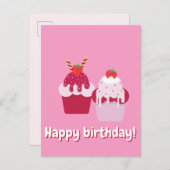 ハッピーバースデー – かわいいピンクのストロベリーショートケーキ ポストカード (正面/裏面)