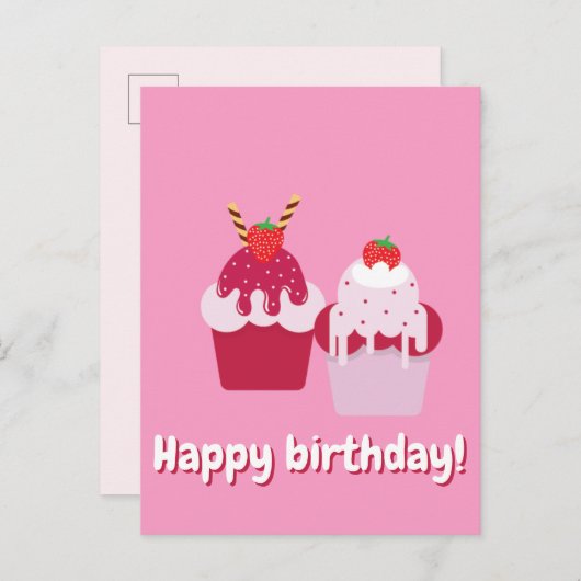 ハッピーバースデー – かわいいピンクのストロベリーショートケーキ ポストカード (正面/裏面)