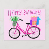 ハッピーバースデー かわいいピンクの自転車 オーダーメイド ポストカード (正面)