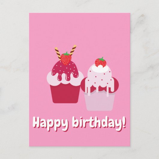 ハッピーバースデー - かわいいピンクイチゴのショートケーキ ポストカード (正面)