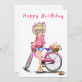 ハッピーバースデー – かわいいブロンドの女の子とピンクのバイク (正面/裏面)