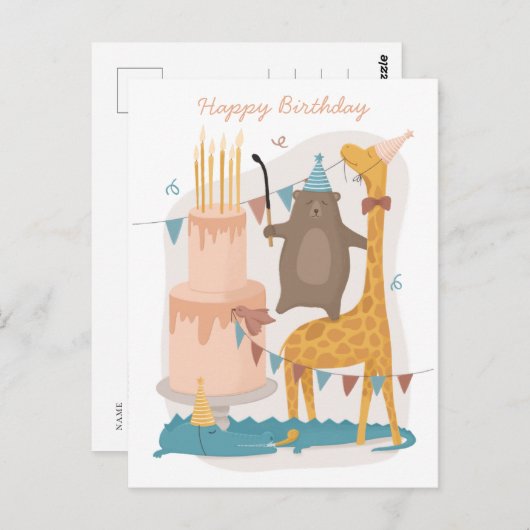 ハッピーバースデー。かわいい動物。キリンおもしろいク ポストカード (正面/裏面)