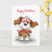 ハッピーバースデー、かわいい犬が花籠を持つ カード (黄色い花)