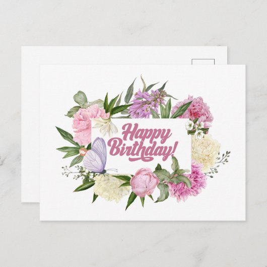 ハッピーバースデー かわいい ヴィンテージ 水彩 花 ポストカード (正面/裏面)