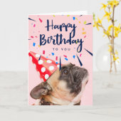 ハッピーバースデー|のかわいいパーティー犬 カード (黄色い花)