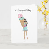 ハッピーバースデー – アイスクリームファッションガール カード (黄色い花)