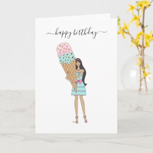 ハッピーバースデー – アイスクリームファッションガール カード (黄色い花)