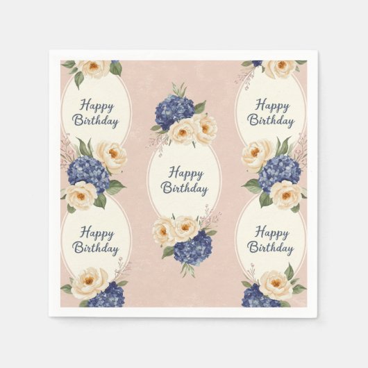 ハッピーバースデー、アジサイと牡丹 スタンダードカクテルナプキン (正面)