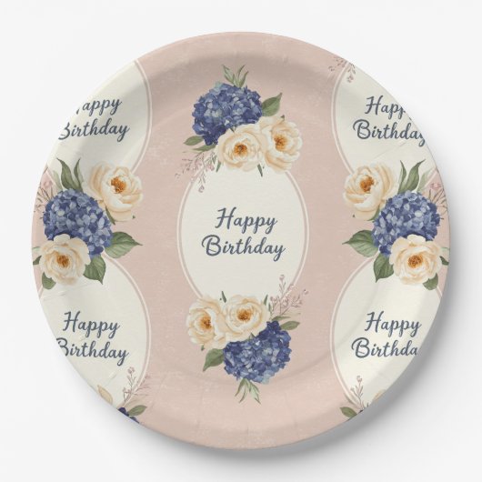 ハッピーバースデー、アジサイと牡丹 ペーパープレート (正面)