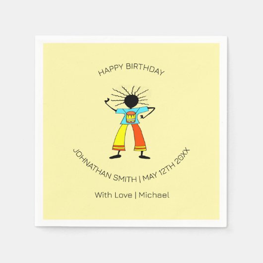 ハッピーバースデー、アフリカアートマスタードラマー スタンダードカクテルナプキン (正面)