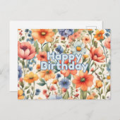 ハッピーバースデー アブストラクト 水彩花 ポストカード (正面/裏面)