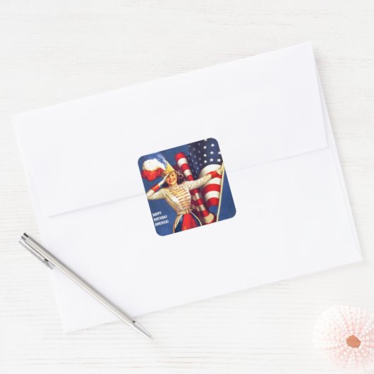 ハッピーバースデー、アメリカ。7月4日のレトロのピンアップ スクエアシール (封筒)