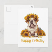ハッピーバースデー イングリッシュブルドッグひまわりクラウン ポストカード (正面/裏面)