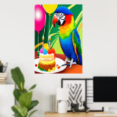 ハッピーバースデー、オウム、ケーキバルーン | AI Art ポスター (ホームオフィス)