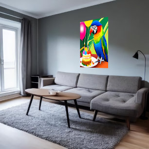 ハッピーバースデー、オウム、ケーキバルーン AI Art ポスター