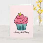 ハッピーバースデー|カップケーキオンライトピンク カード (黄色い花)