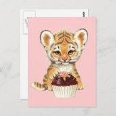 ハッピーバースデー – カップケーキ付き可愛い虎 ポストカード (正面/裏面)