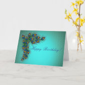 ハッピーバースデー! – クジャクの羽の背景 カード (黄色い花)
