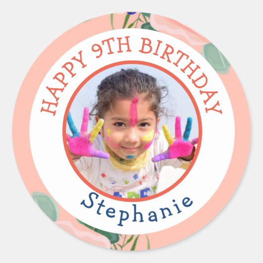 ハッピーバースデー クラシック シンプル フォト ラウンドシール (正面)