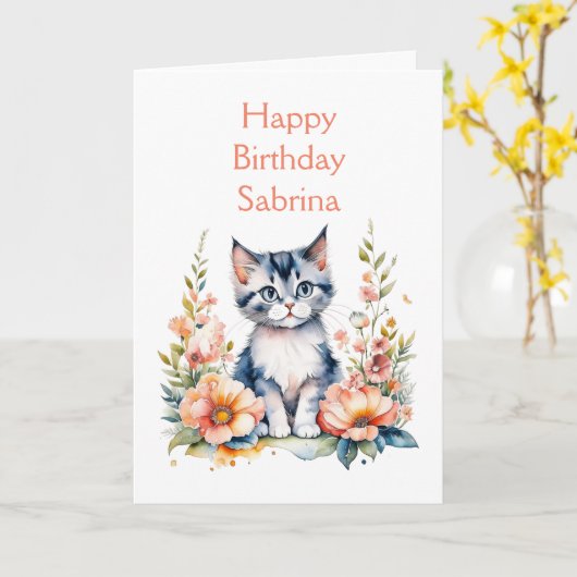 ハッピーバースデー |グレーの子パーソナライズされた猫 カード (黄色い花)