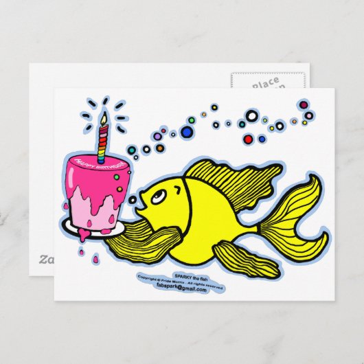 ハッピーバースデー、ケーキとキャンドルのスパーキー ポストカード (正面/裏面)